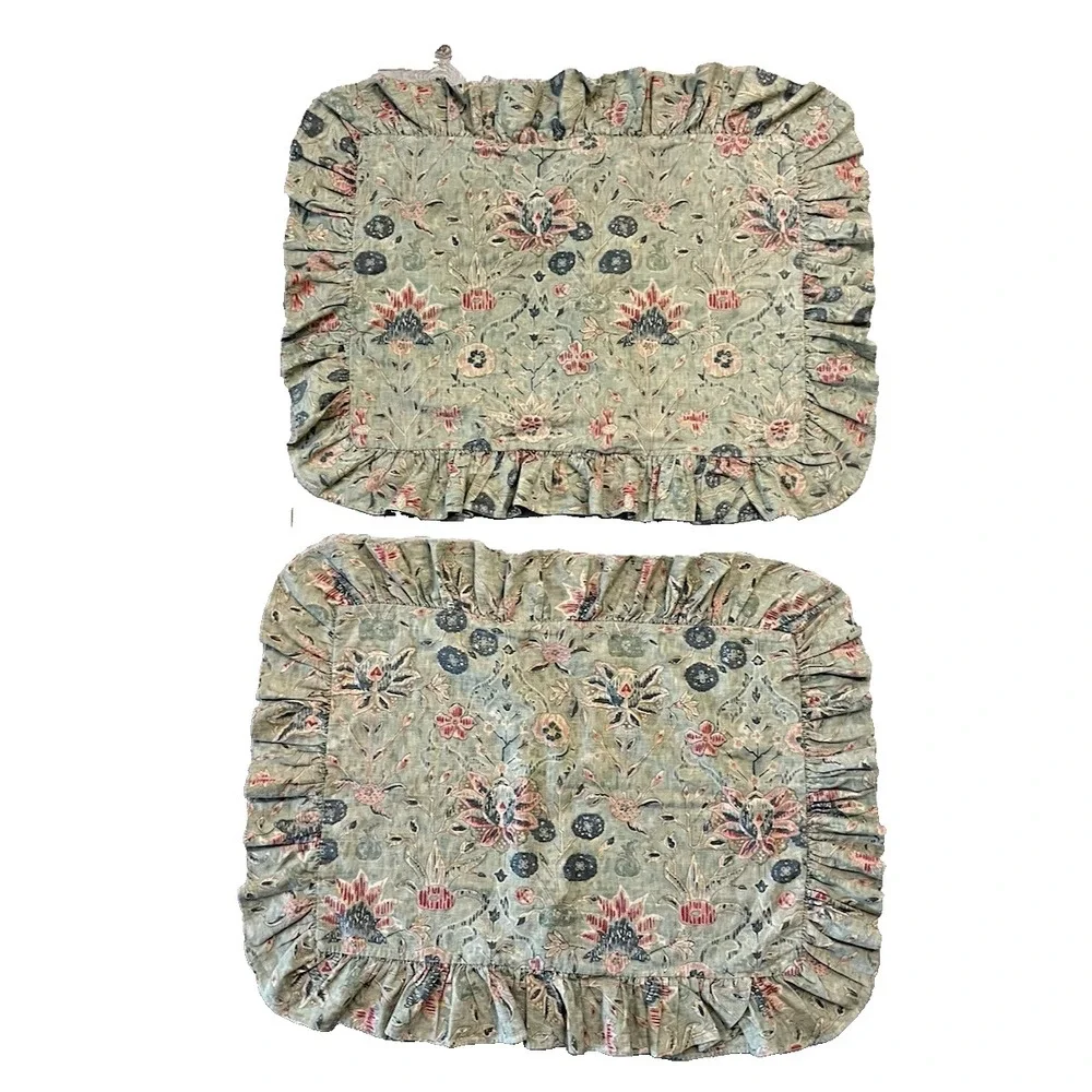 Vtg Pr Ralph‎ Lauren Isabella Stnd Pillow Sham Cotton Linen Ruffle Green Floral
